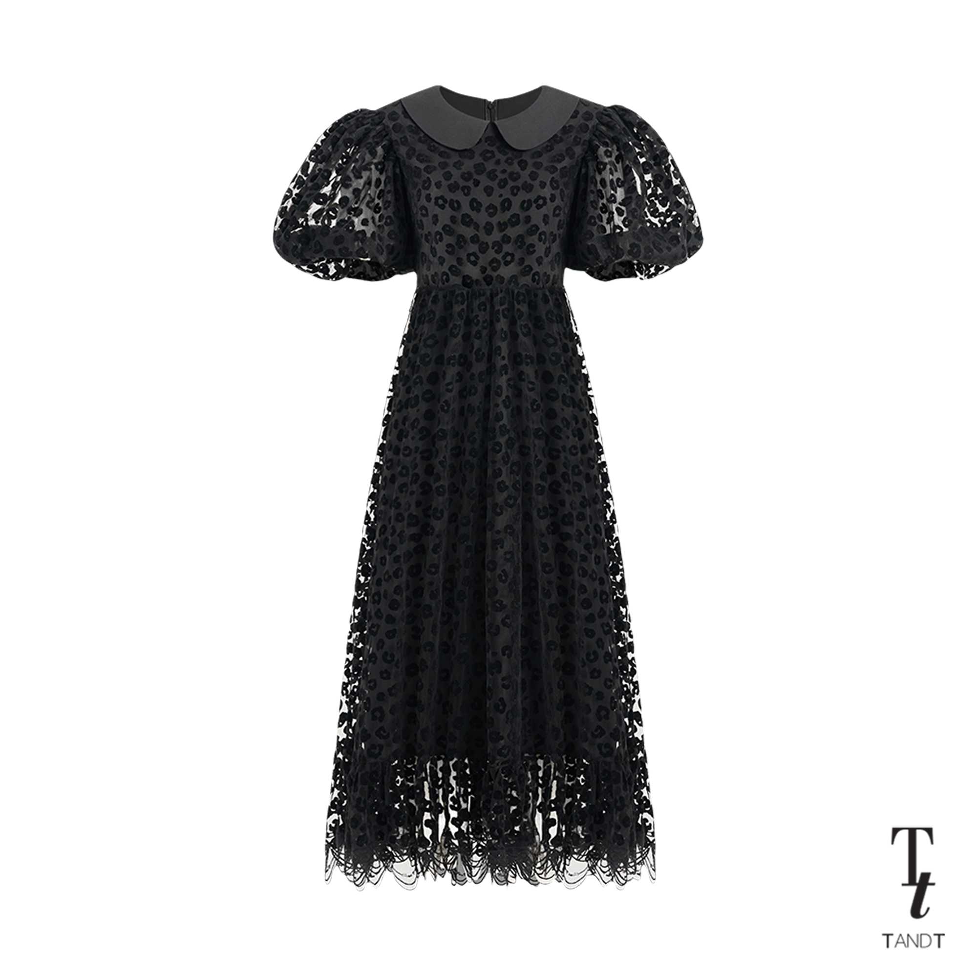 HotelTandT x BewVaraporn - (MANHATTAN) PETER PAN COLLAR RUFFLED PUFF SLEEVE LEOPARD TULLE DRESS