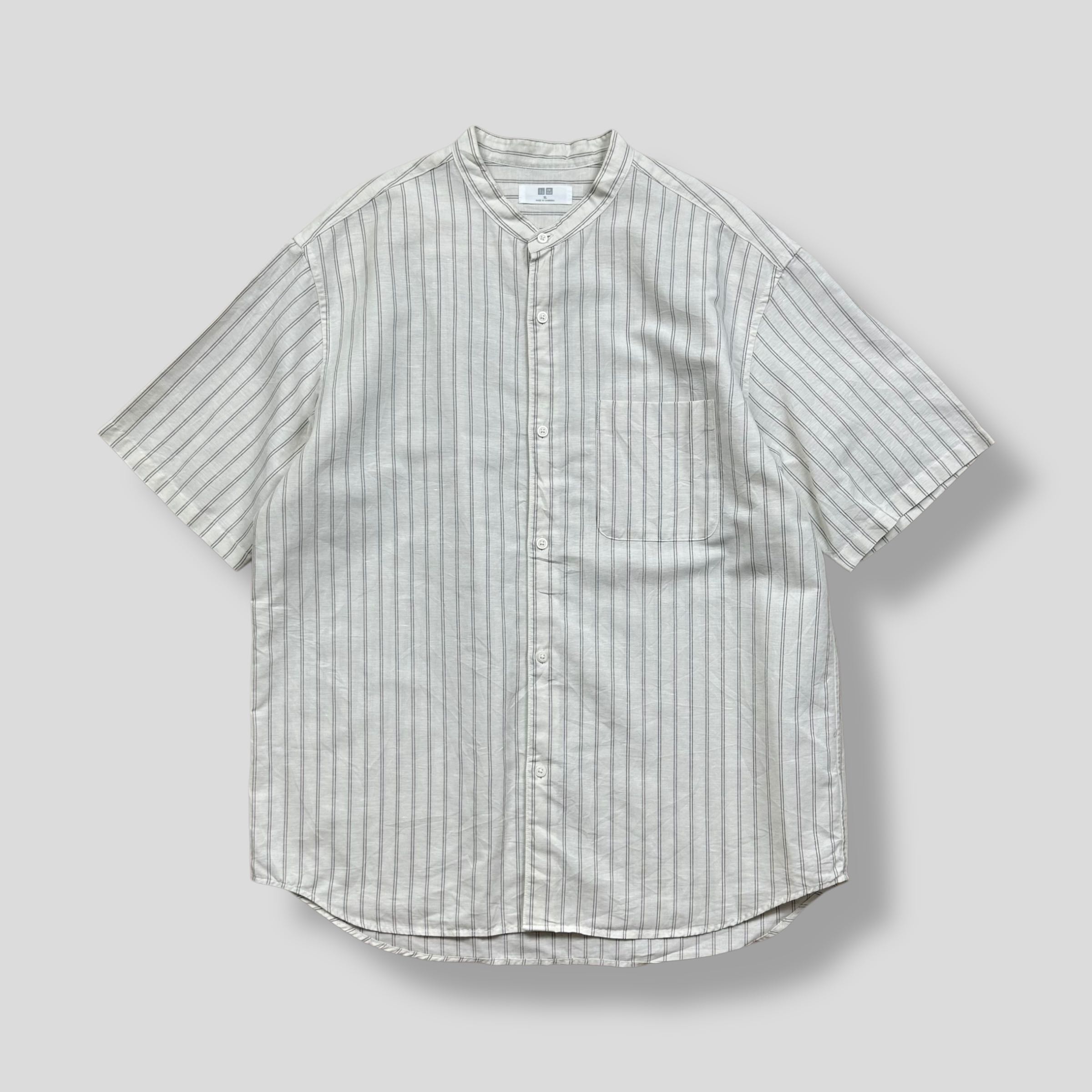 UNIQLO LINEN BLEND STRIPED STAND COLLAR POCKET SHIRT 