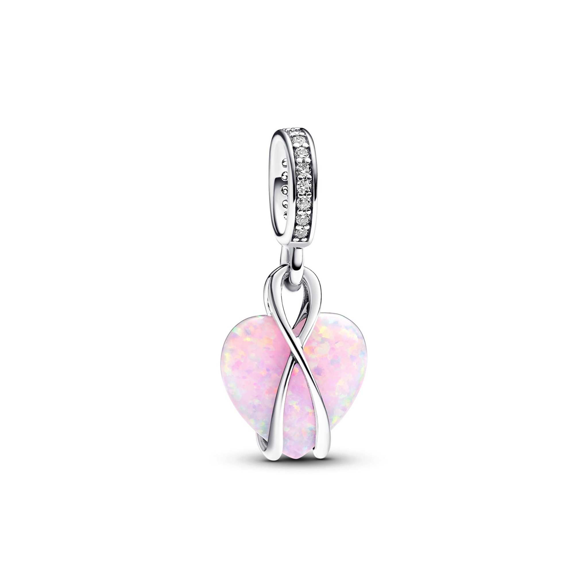 Mom infinity heart sterling silver dangle with pink lab-created opal