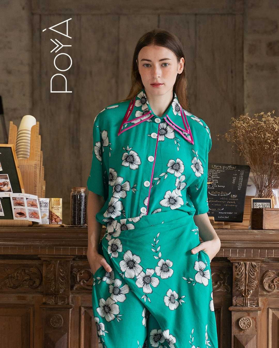 Aerin Set! Garden Charm Green Floral Short-Sleeve Shirt