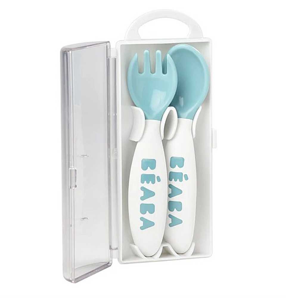 BEABA ช้อนส้อมพร้อมกล่อง 2nd age training fork and spoon (storage case included) - BLUE