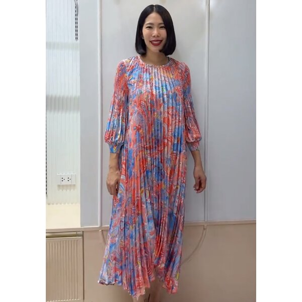CLEARANCE SALE!! 2MUAY รุ่น GA91040 เดรสอัดพลีท LONGSLEEVE SATIN PRINTED PLEATED DRESS 10 สี FREE...