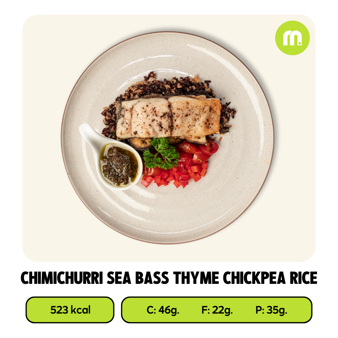 ปลากะพงย่างซอสชิมิชูริกับข้าวถั่วลูกไก่ (Chimichuri Sea Bass Thyme Chickpea Rice)