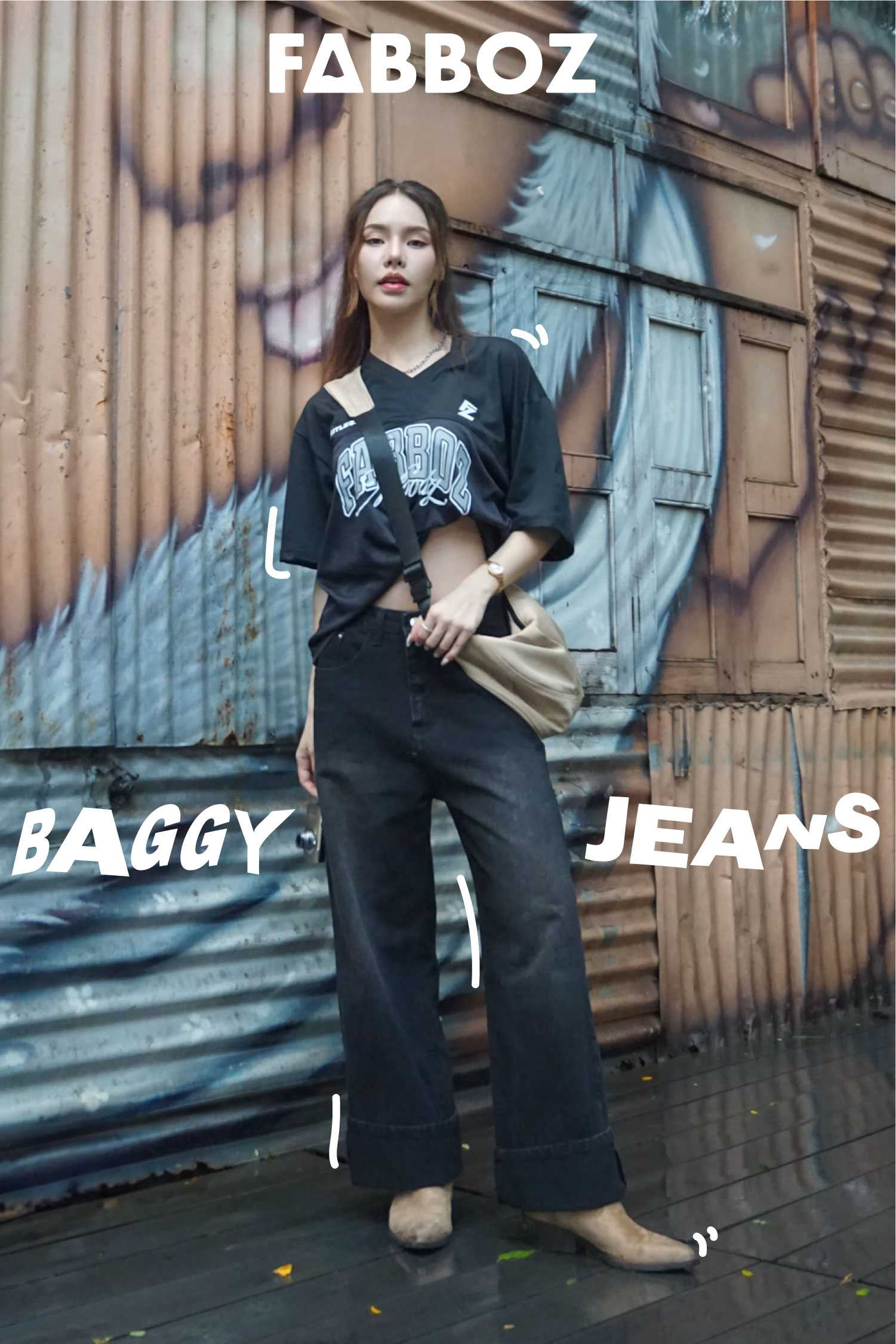 FABBOZ กางเกงยีนส์ ขายาวทรง BAGGY JEANS กางเกงยีนส์ดำฟอก