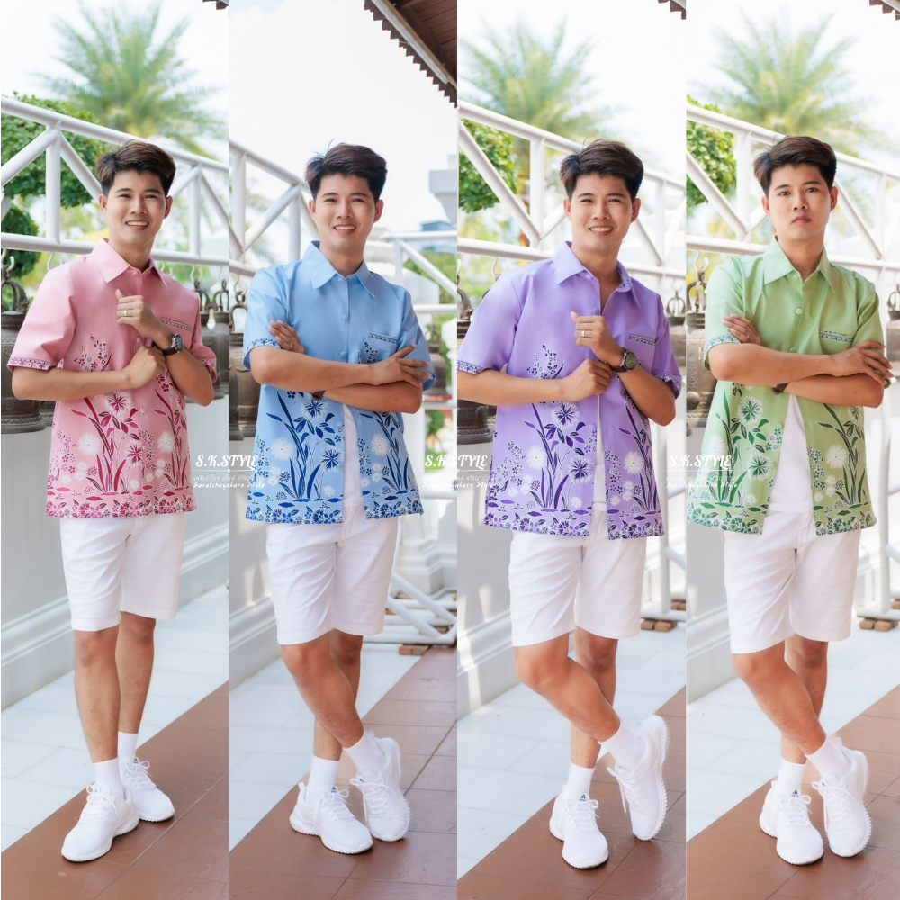 เสื้อเชิ้ตผู้ชาย สีพาสเทล พิมพ์ลายปาเต๊ะ คอปก กระดุมปั๊ม แขนสั้น กระเป๋าหน้า อัดกาวทั้งตัว