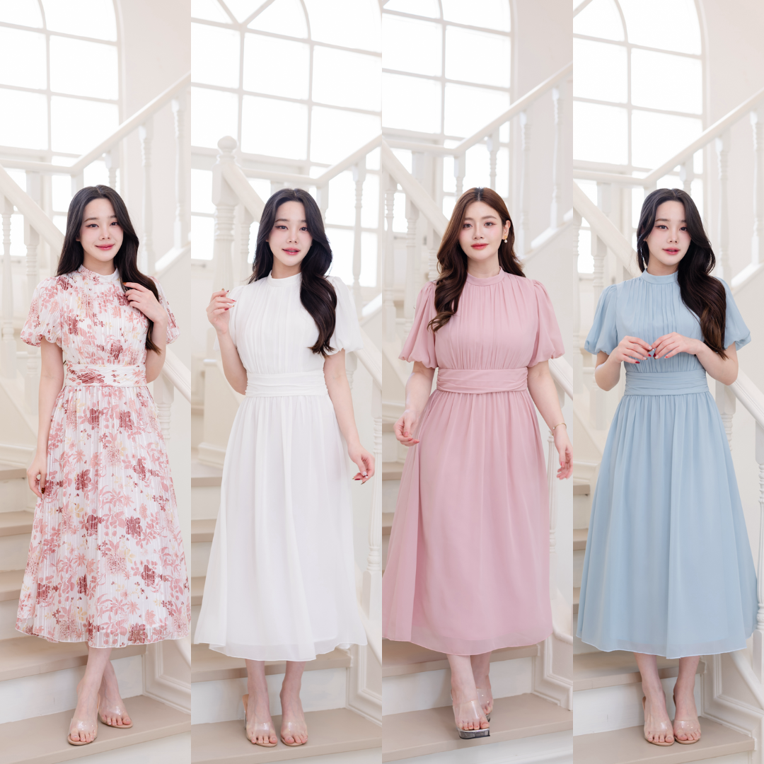 Pirunya - Long Dress 19 เดรสยาว ออกงาน ผ้าชีฟอง คอปีน แขนพอง กระโปรงระบาย