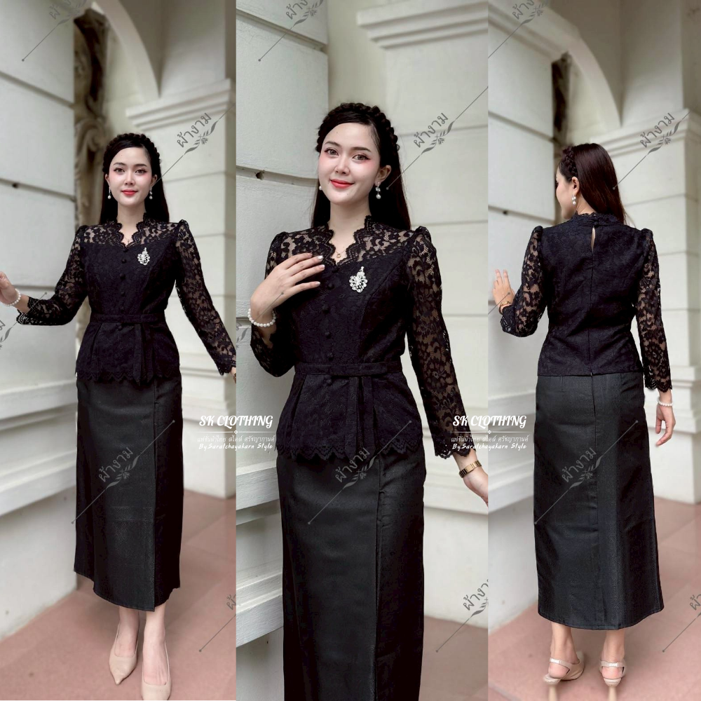 ผ้าถุงผ้าไหมเทียมทอลาย สีดำ ลายไทย ผ้าถุงสำเร็จ งานป้ายสำเร็จซิปหลัง มี SIZE S-3XL อัดกาว