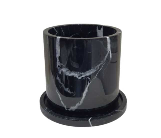 Plant Pot + Plate, Marble, Black, L