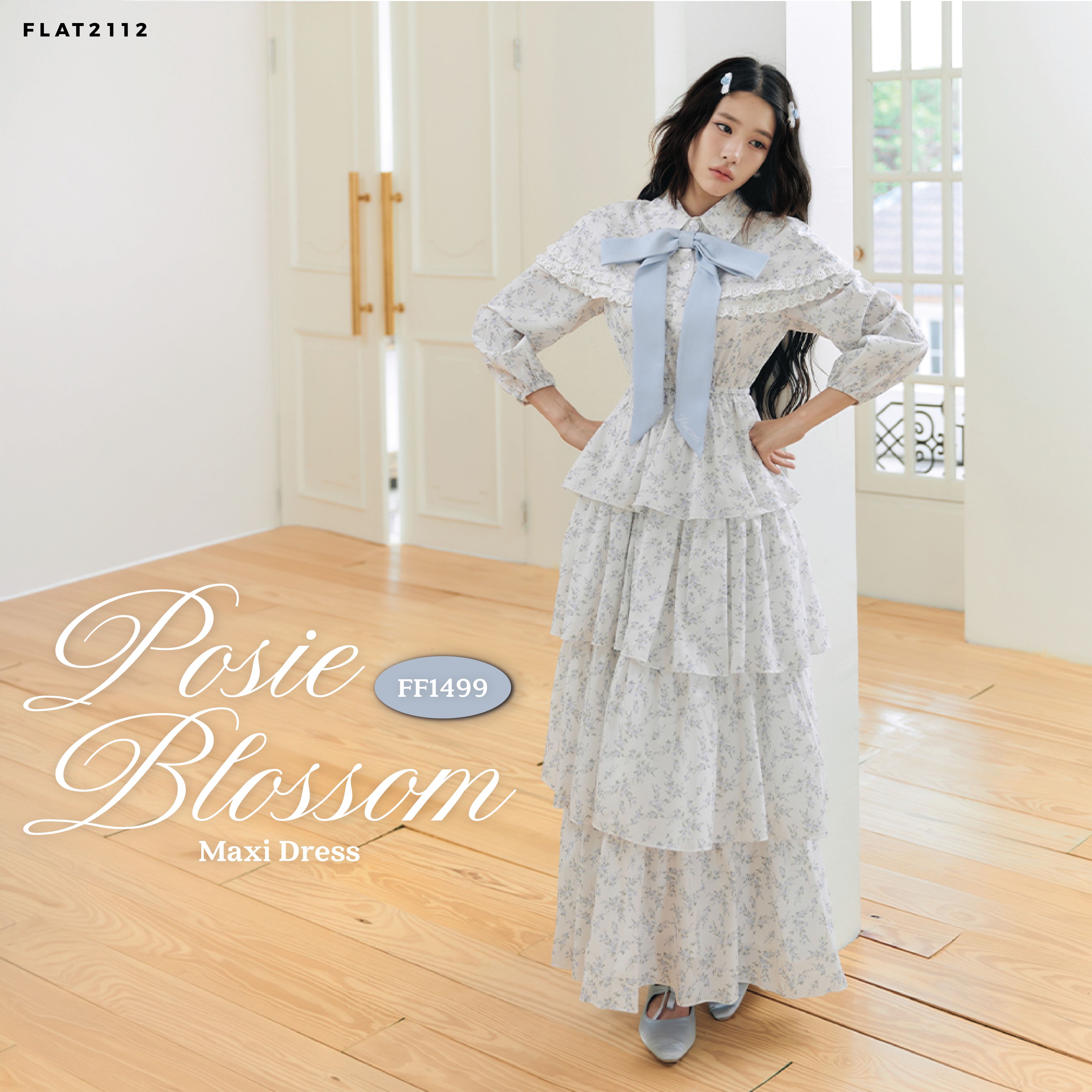 FLAT2112 : POSIE BLOSSOM MAXI DRESS  เดรสยาวลายดอกโทนครีมสุดละมุน เดรสโรแมนติก (FF1499)