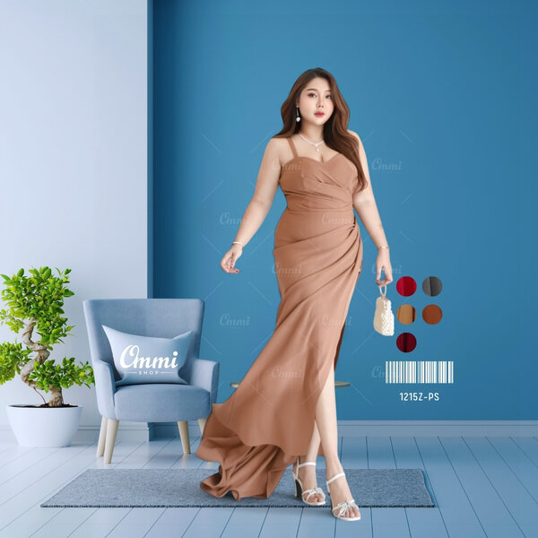 Ommishop ชุดราตรี 1215Z-PS สายเดี่ยวไขว้อก ซาร่าวูลเวฟ เดรสออกงาน ชุดงานแต่ง เพื่อนเจ้าสาว