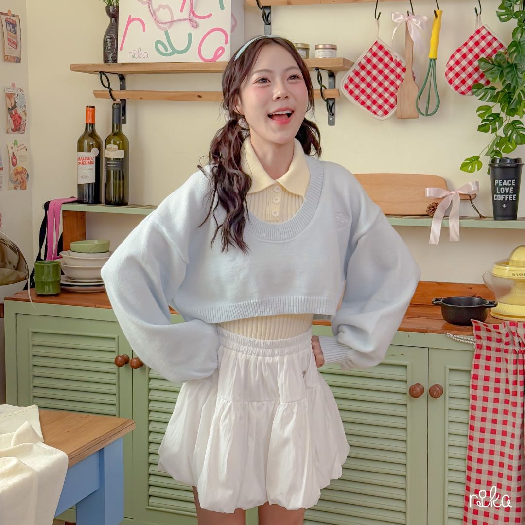 RIKA น้องคัพเค้ก เซ็ตครอปไหมพรมแขนพอง+เสื้อคอปกแขนกุด