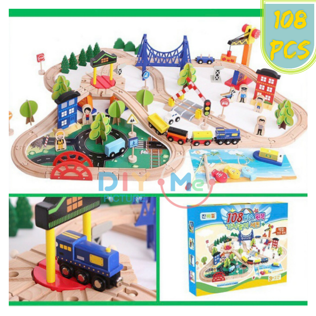 ชุดรถไฟไม้ 108ชิ้น ต่อกับรางIKEA ได้ Woodtoy TrainRailway เสริมจินตนาการ ลดสมาธิสั้น