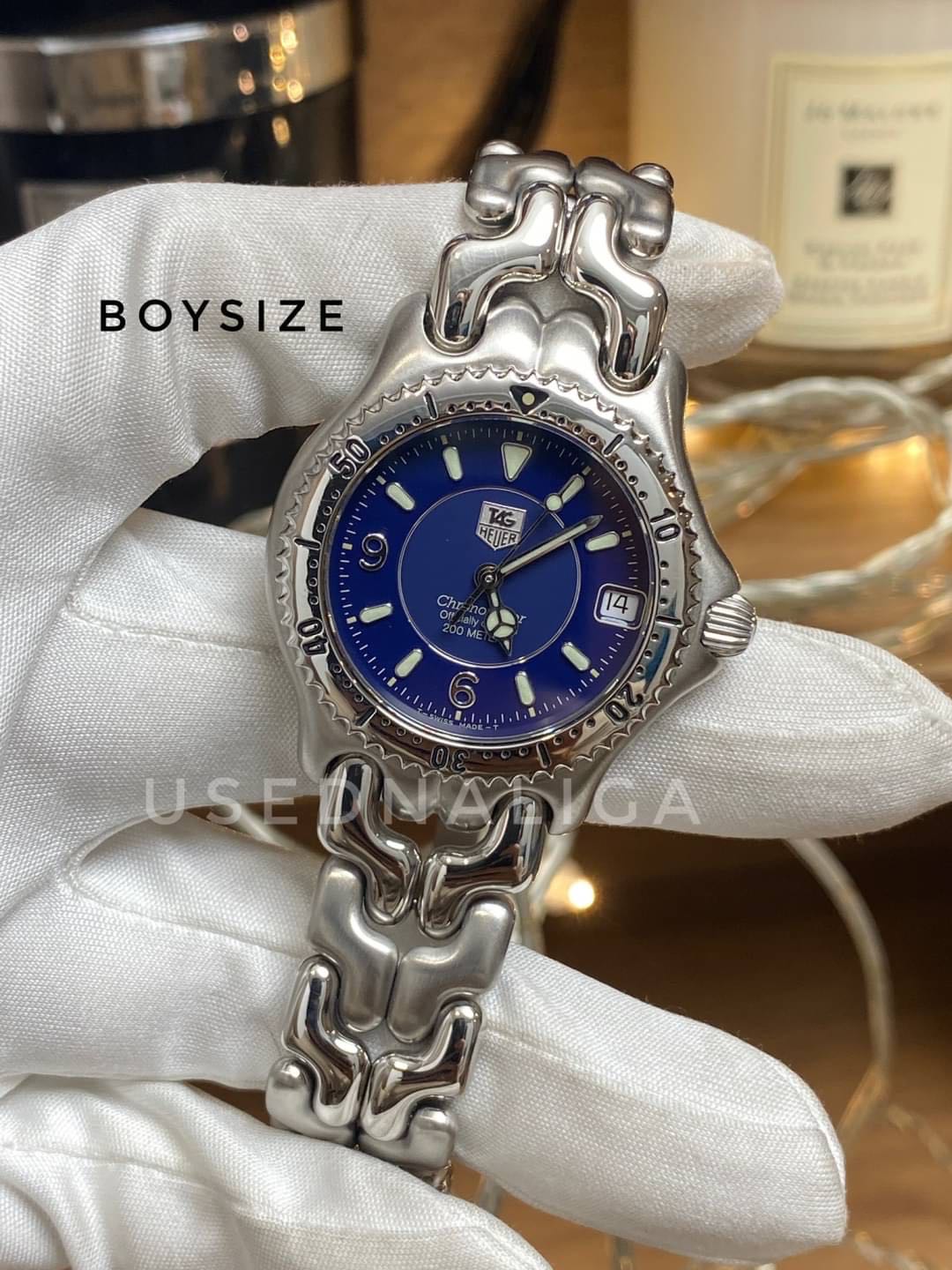 Tag heuer Automatic หายากน่าสะสม💙 รุ่นก้างปลาหน้าน้ำเงิน วงแหวนสามชั้นรุ่นสุดท้าย  Boysize(33mm)