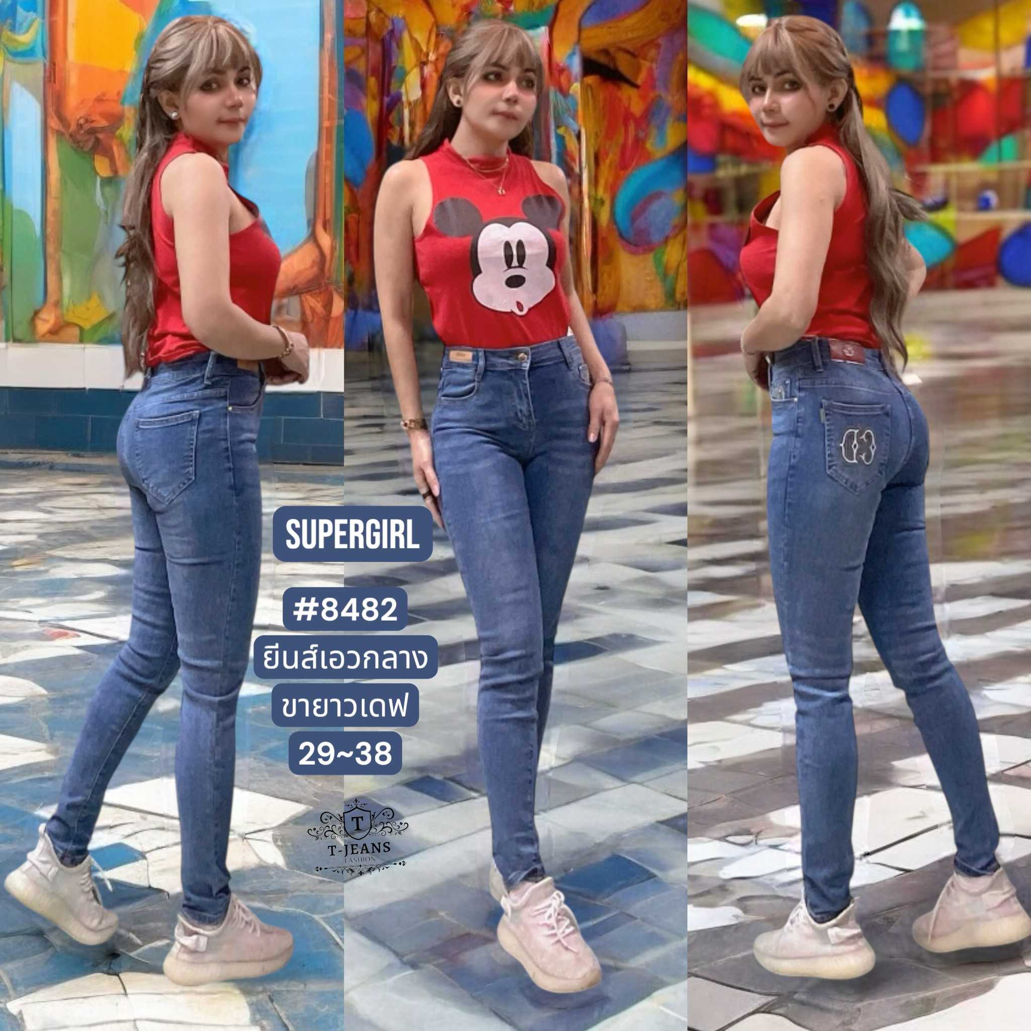 Supergirl รุ่น #8482 สียีนส์ เอวกลาง ขาเดฟ ซิป