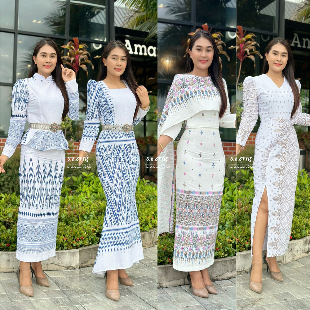 ชุดผ้าไทย เนื้อผ้าฝ้ายหมักโคลนพิมพ์ลาย งานเข้ารูปเข้าทรงสวย สีขาว สวมใส่ได้ทุกโอกาส