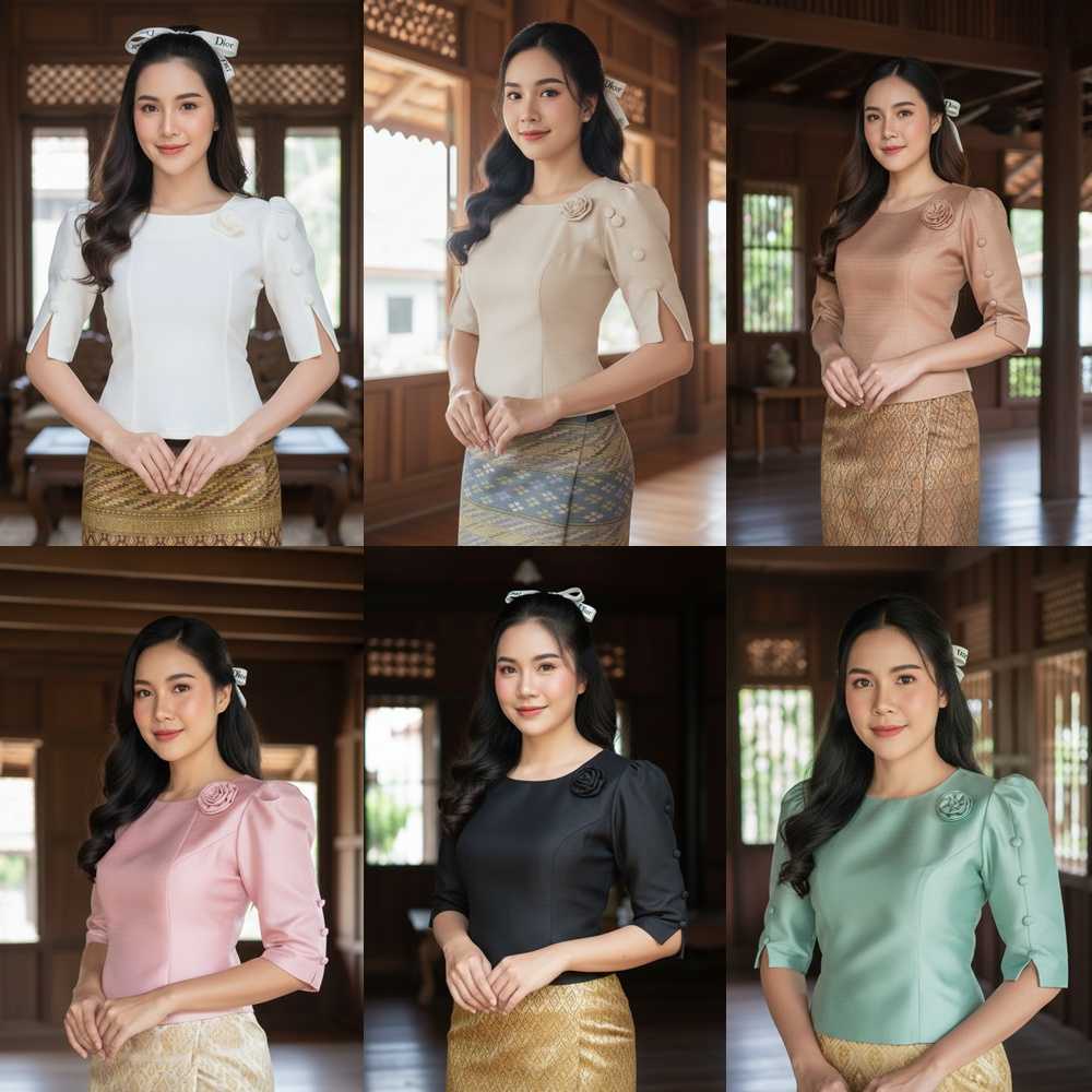 เสื้อพื้นเมืองประยุกต์ เสื้อผ้าไหมลาว แขนระบาย แต่งกระดุมตรงแขน ใส่แมชกับผ้าถุงไปวัด ทำบุญ สวยมาก