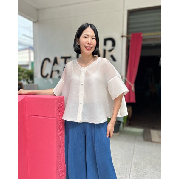 2MUAY รุ่น GJO11041P เสื้ออัดพลีท BUTTON FRONT FLARE SLEEVE PLEATED TOP / CARDIGAN 3สี FREE SIZE