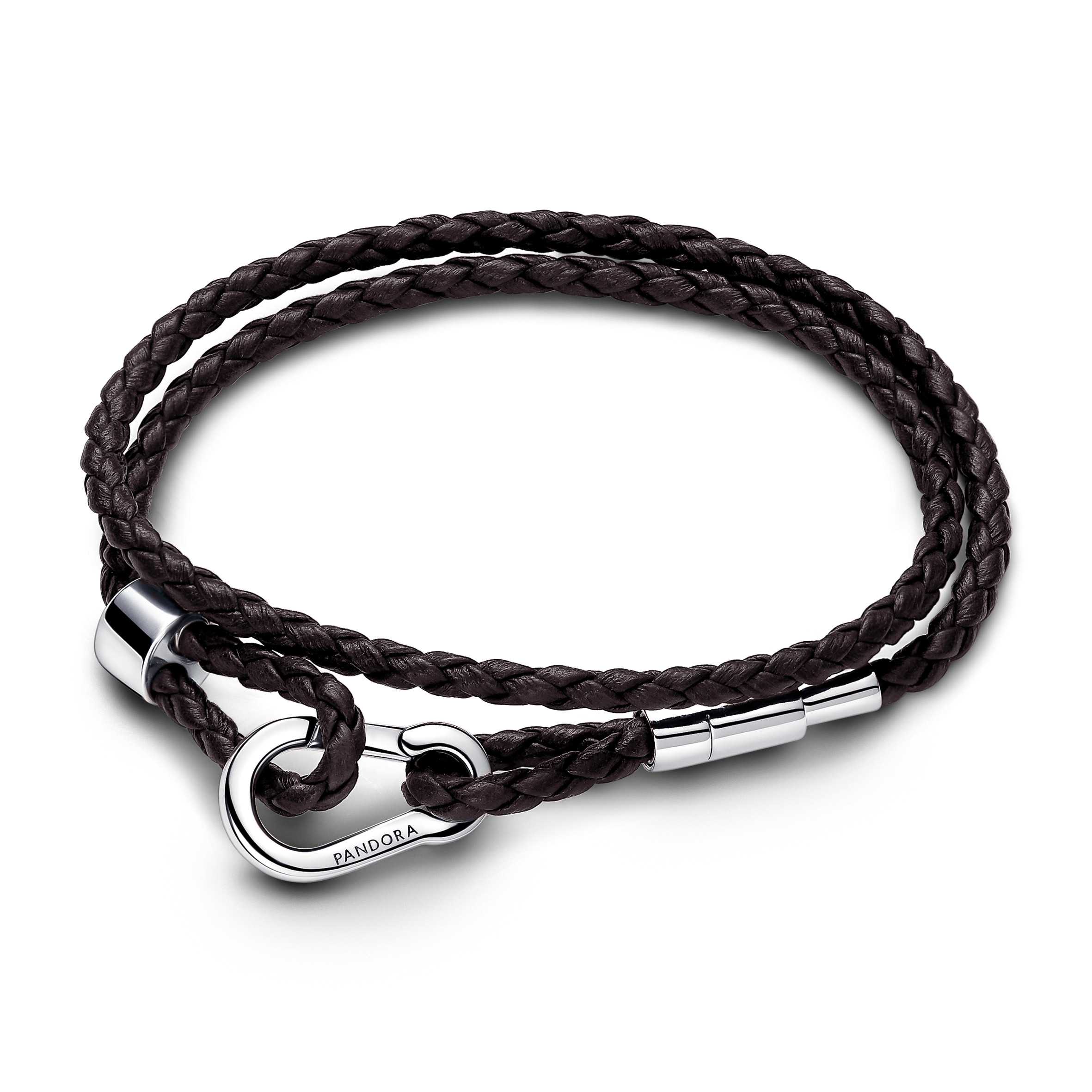 Brown braided double leather bracelet with sterling silver clasp