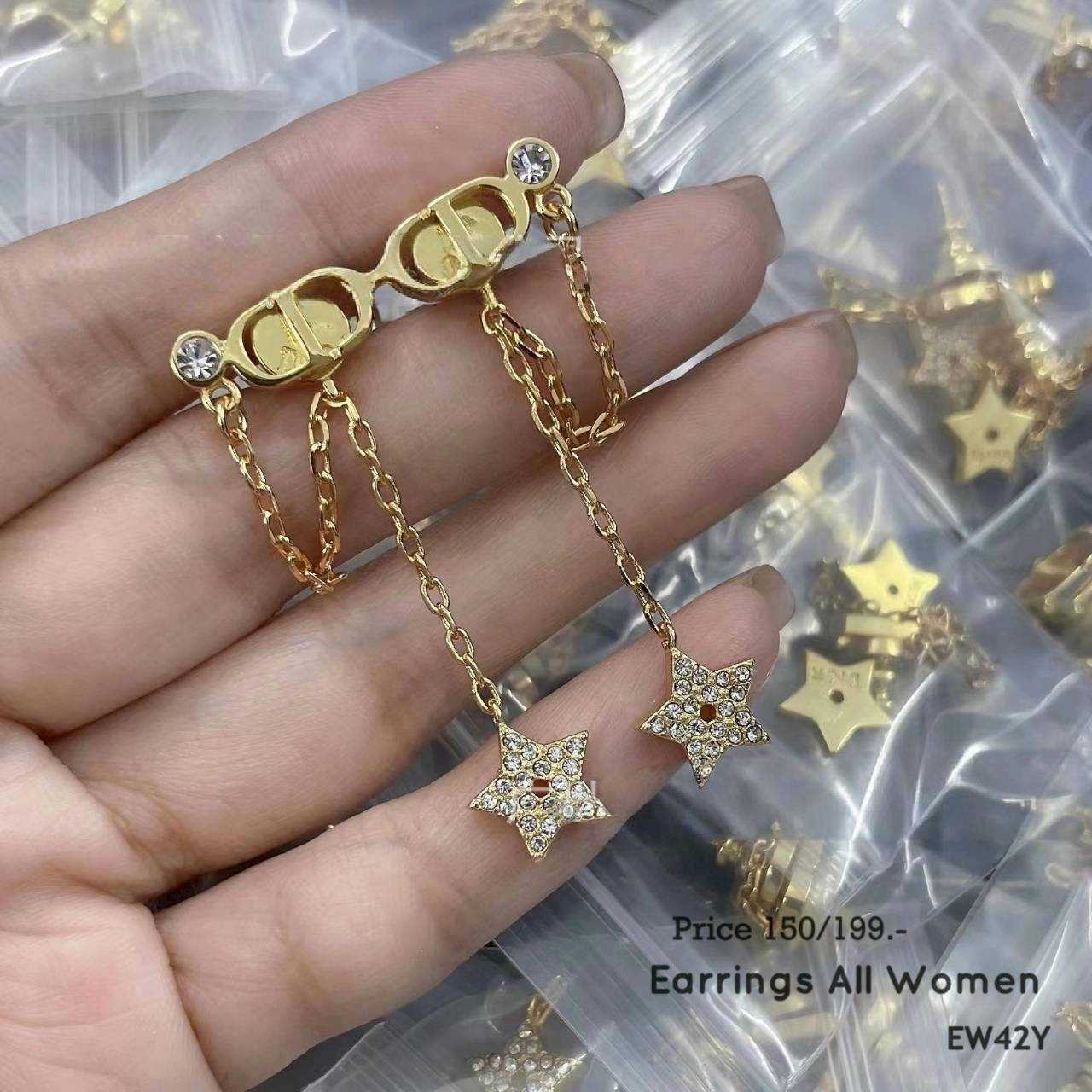 EW42Y ต่างหูระย้า สีทองเครื่องประดับผู้หญิง ต่างหูออกงาน เงิน 925