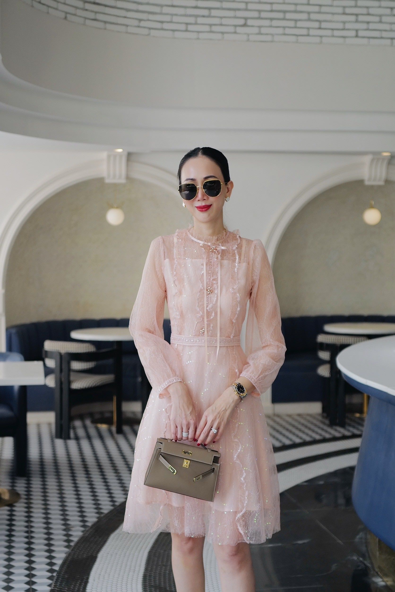 📌พร้อมส่ง…DRESS สีชมพูอมส้ม ผ้าโปร่งซีทรู