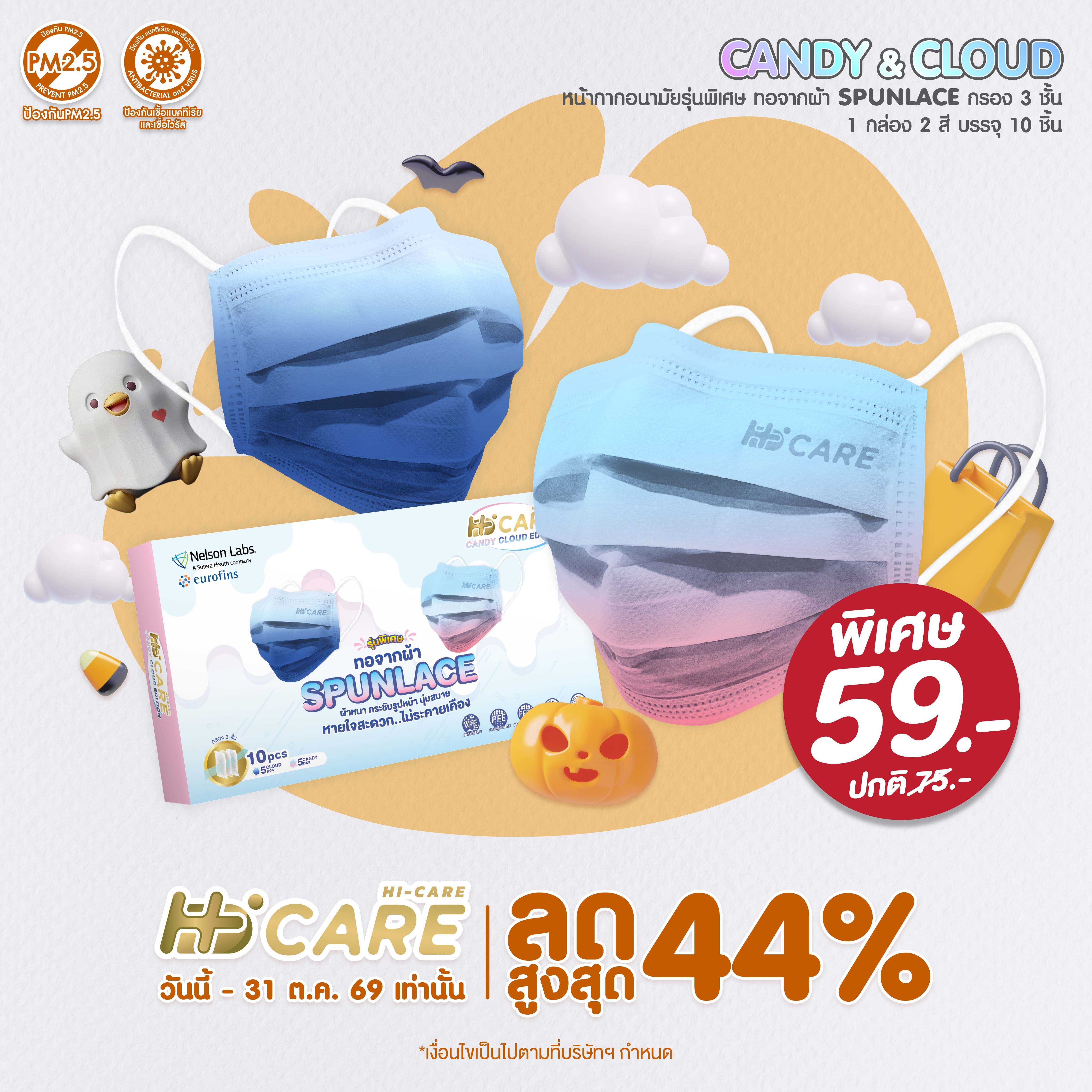 Hi-Care Premium Grade CANDY-CLOUD จากผ้า SPUNLACE   แผ่นกรอง 3 ชั้น ชนิดคล้องหู / 10 ชิ้น