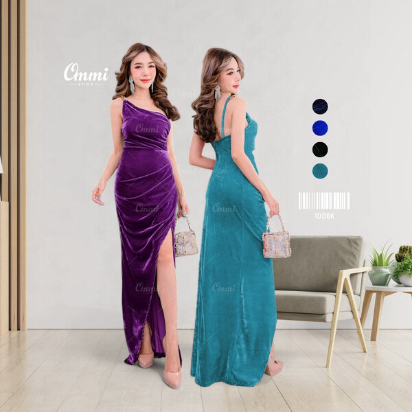 Ommishop ชุดราตรี 1008K ไหล่เดี่ยวโซ่ทอง ป้ายสะโพกสูง งานผ้ากำมะหยี่ เดรสออกงาน ชุดงานแต่ง เพื่อน...