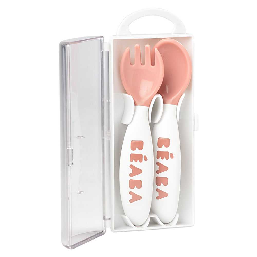 BEABA ช้อนส้อมพร้อมกล่อง 2nd age training fork and spoon (storage case included) - Vintage Pink