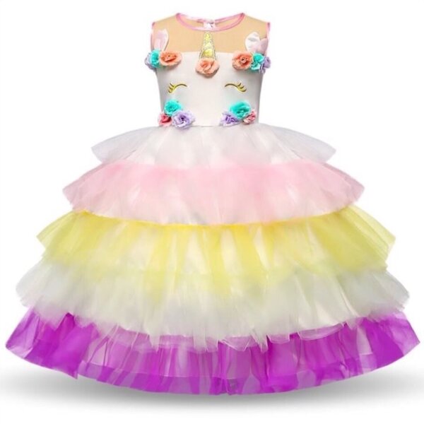 เดรสแขนกุด ยูนิคอนกระโปรงระบายชั้น