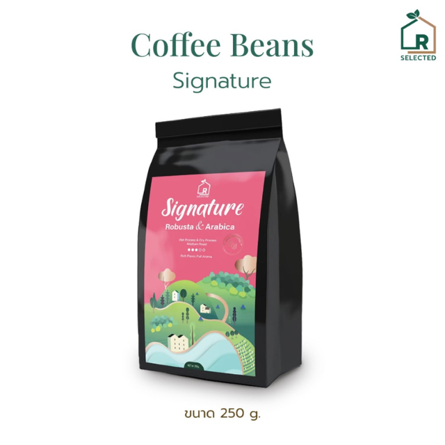 เมล็ดกาแฟออร์แกนิก โรบัสต้าและอาราบิก้า คั่วกลาง-เข้ม รักบ้านเกิด สูตร Signature 250 g.