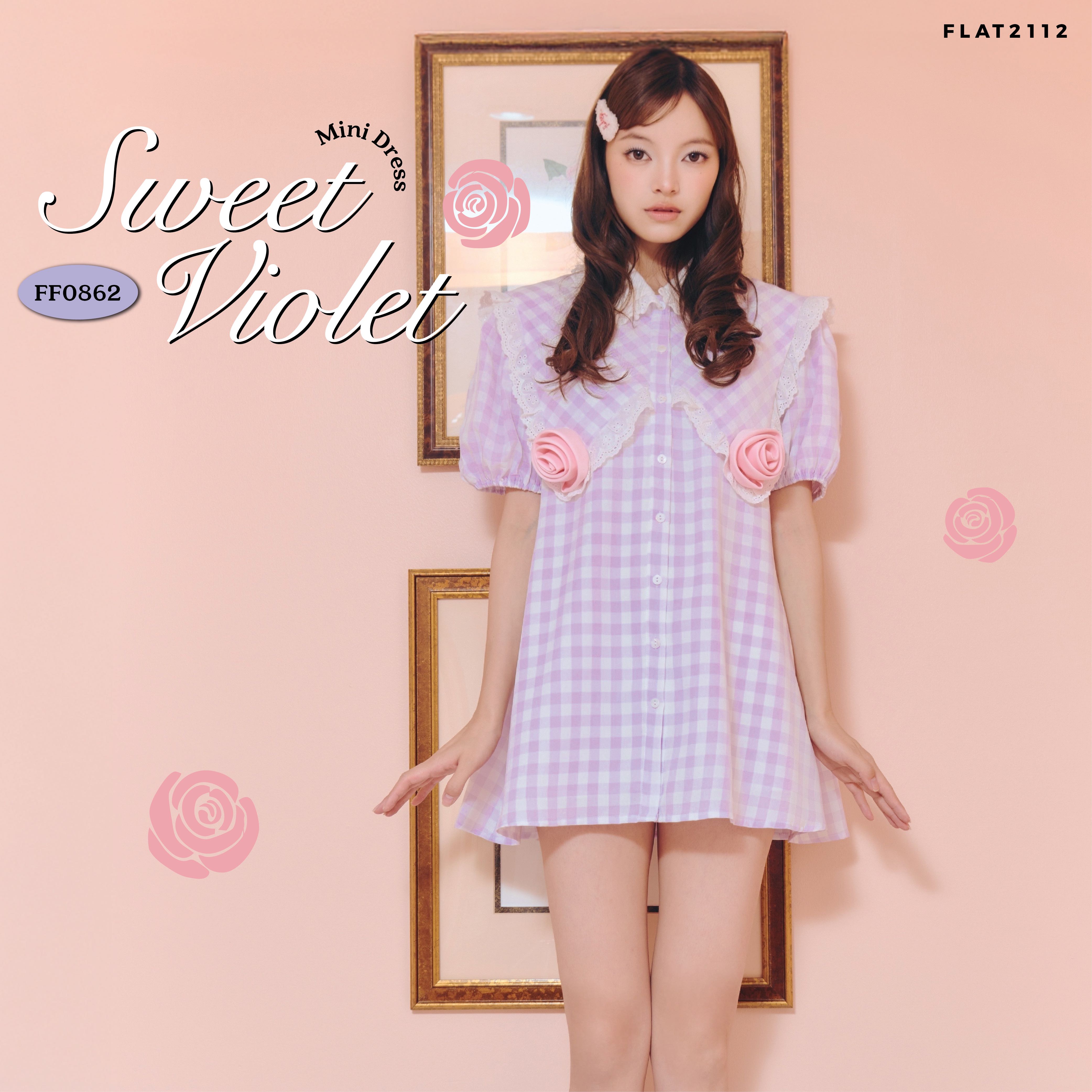 FLAT2112 FF0862 : SWEET VIOLET MINI DRESS  เดรสสัั้นลายสก็อต เดรสแต่งดอกไม้ แฟชั่นผู้หญิง ชุดออกงาน