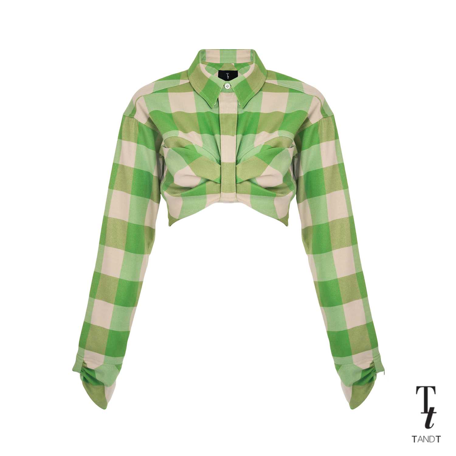 BARETTE - LONG SLEEVE BOW DETAILED GINGHAM CROP SHIRT