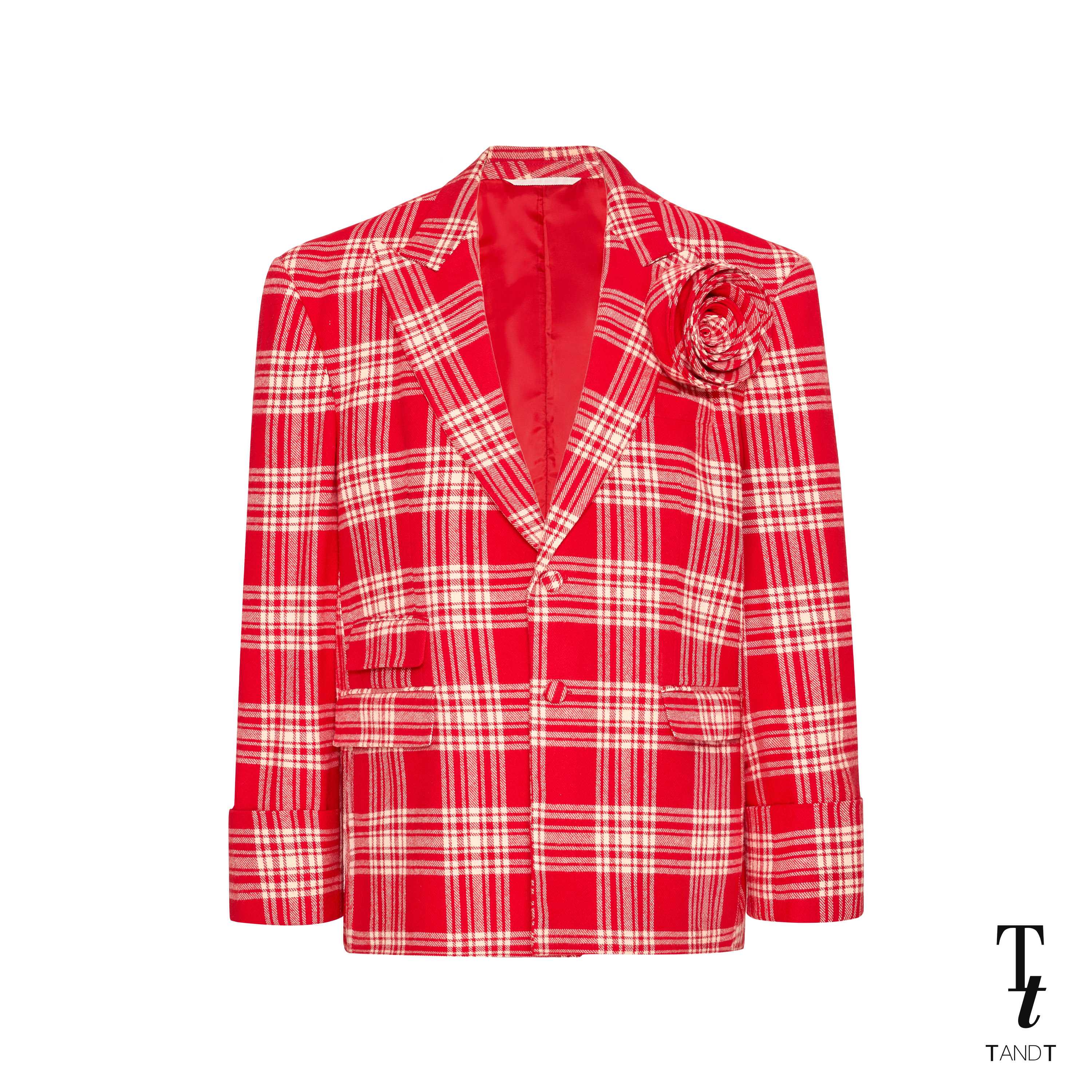 TandT - SHERMAN RED BLAZER - ROSE HAND-CRAFTED PIN SHOULDER PADD CHECKED OVERSIZE BLAZER