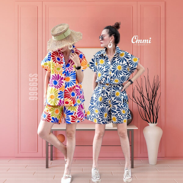 Ommishop 99665S ชุดเซ็ท เสื้อคอปก และกางเกงขาสั้น Cotton Japan 100% ลายดอกทานตะวัน (Bonus)[99665]