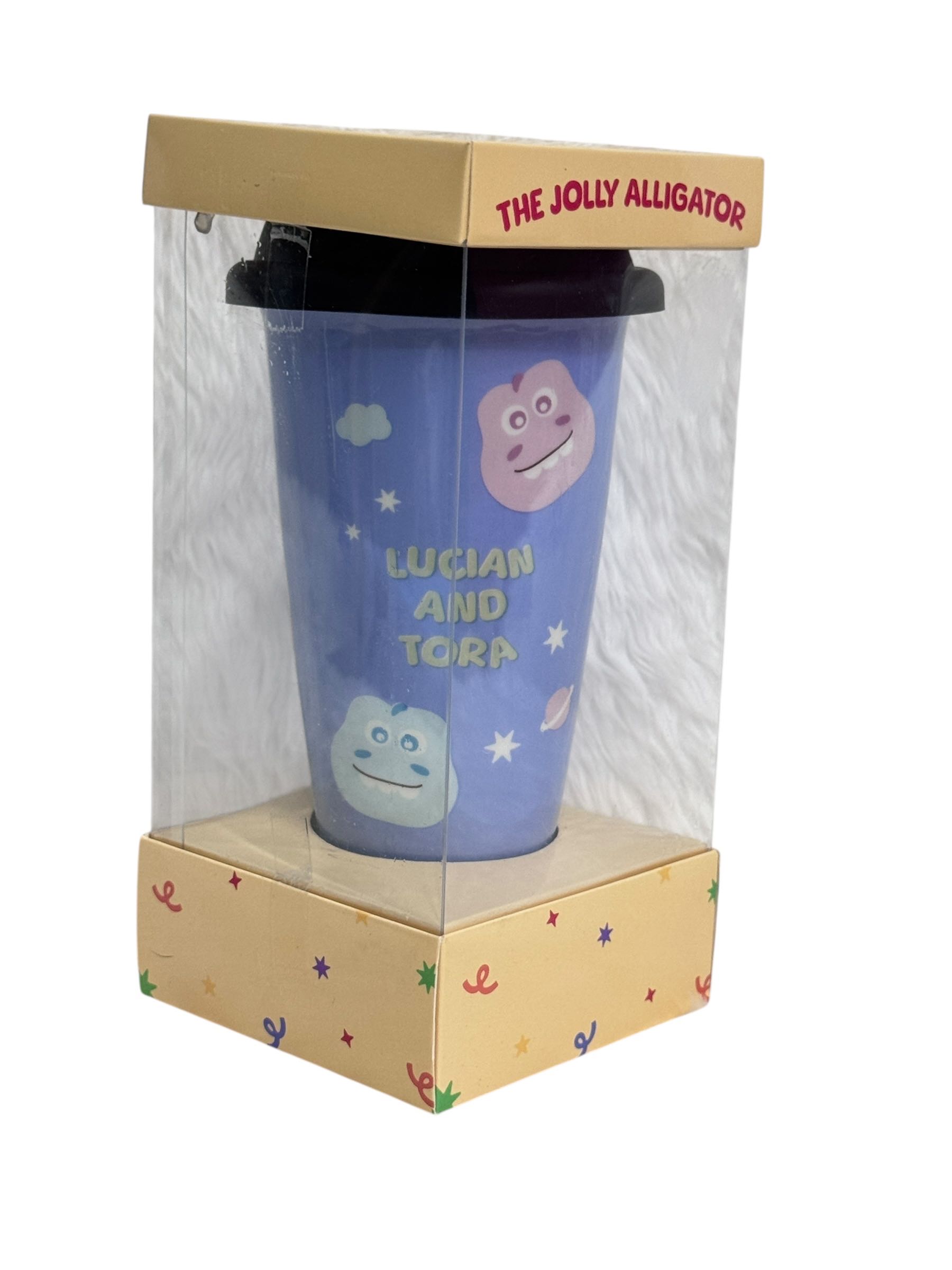 แก้วน้ำ แก้วทรงสูงมีฝา สีฟ้า The Jolly Alligator ขนาด 13.5 x 9 cm