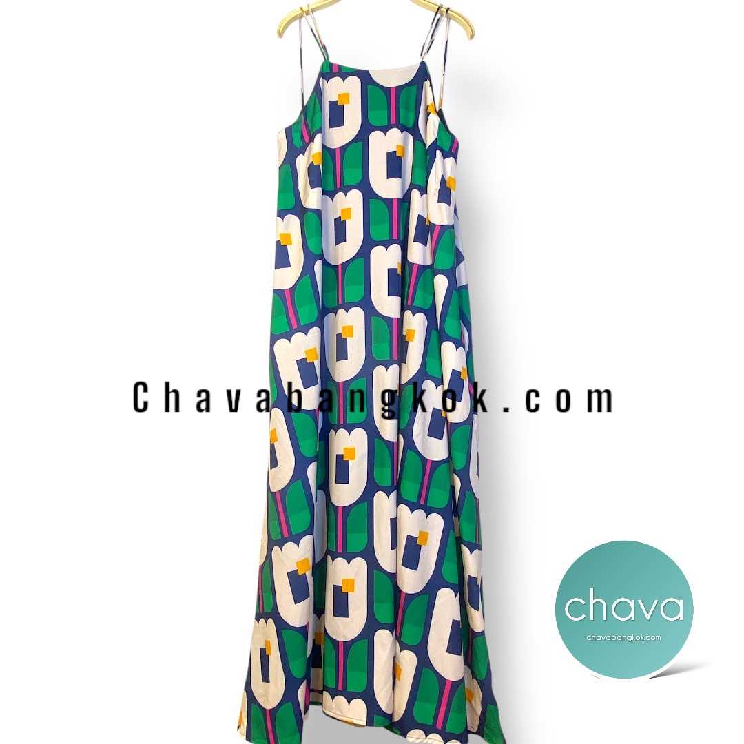 NEW!! Maxi Dress เดรสยาว สายเดี่ยว (สีเขียว) ลายดอกไม้