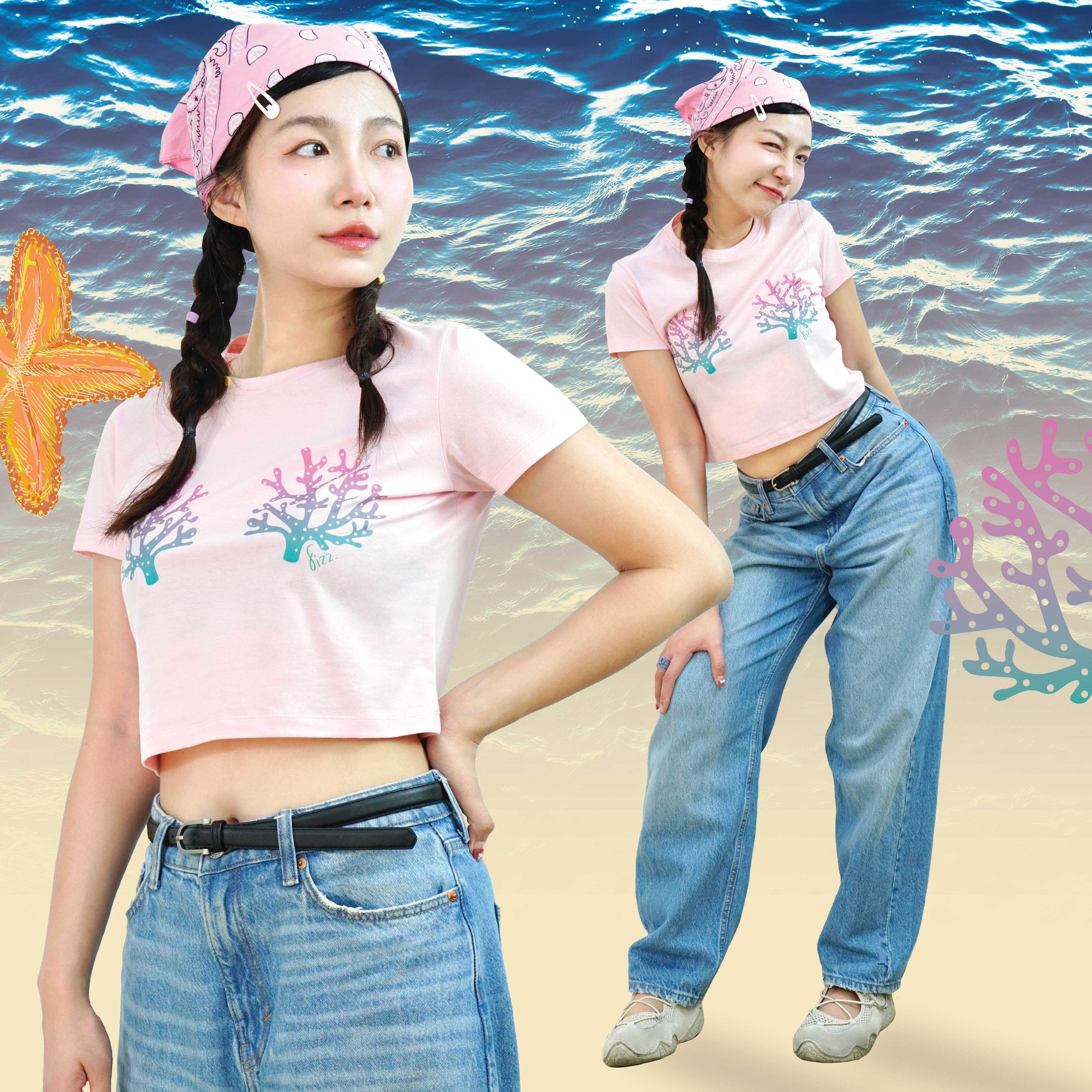 FIZZ │ เสื้อยืดเบบี้ที สีชมพู ลายปะการัง รุ่น Summer Beach ( XS - L )