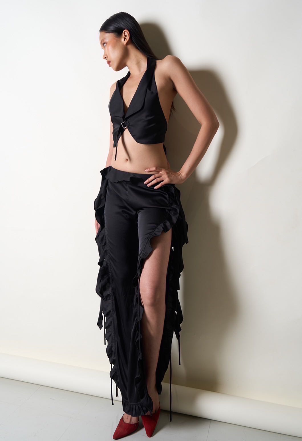 Miranda UMR ROMANTIC SILK SATIN BLACK RUFFLE PANTS