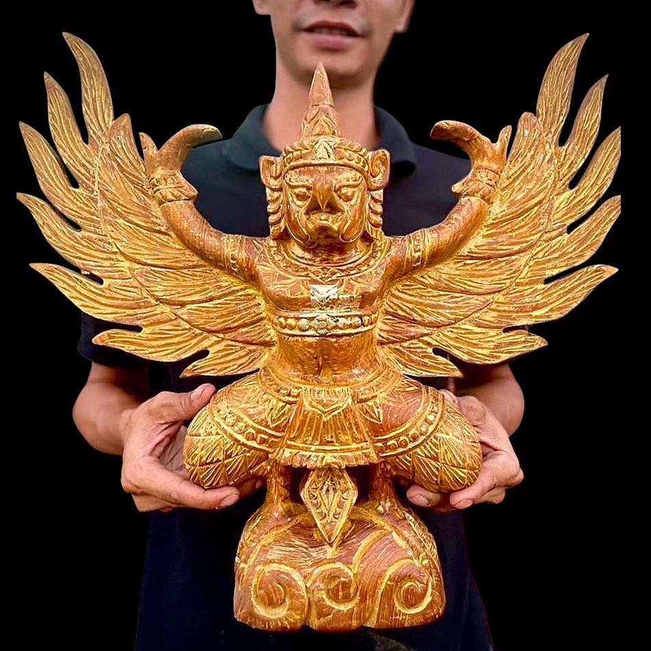 พญาครุฑไม้สัก ครุฑแกะสลัก ครุฑไม้โบราณ ขนาดกว้าง50ซม ตั้งโต๊ะ