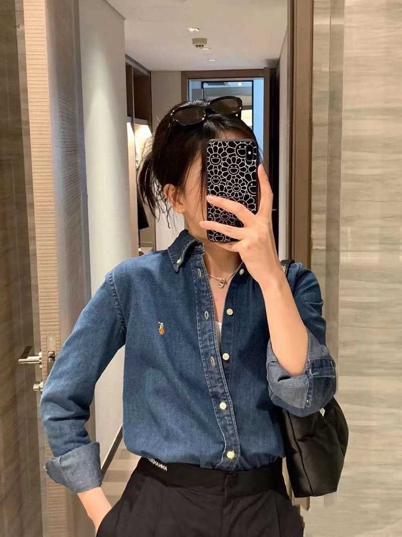 เสื้อเชิ้ตยีนส์แขนยาวแต่งคอปก