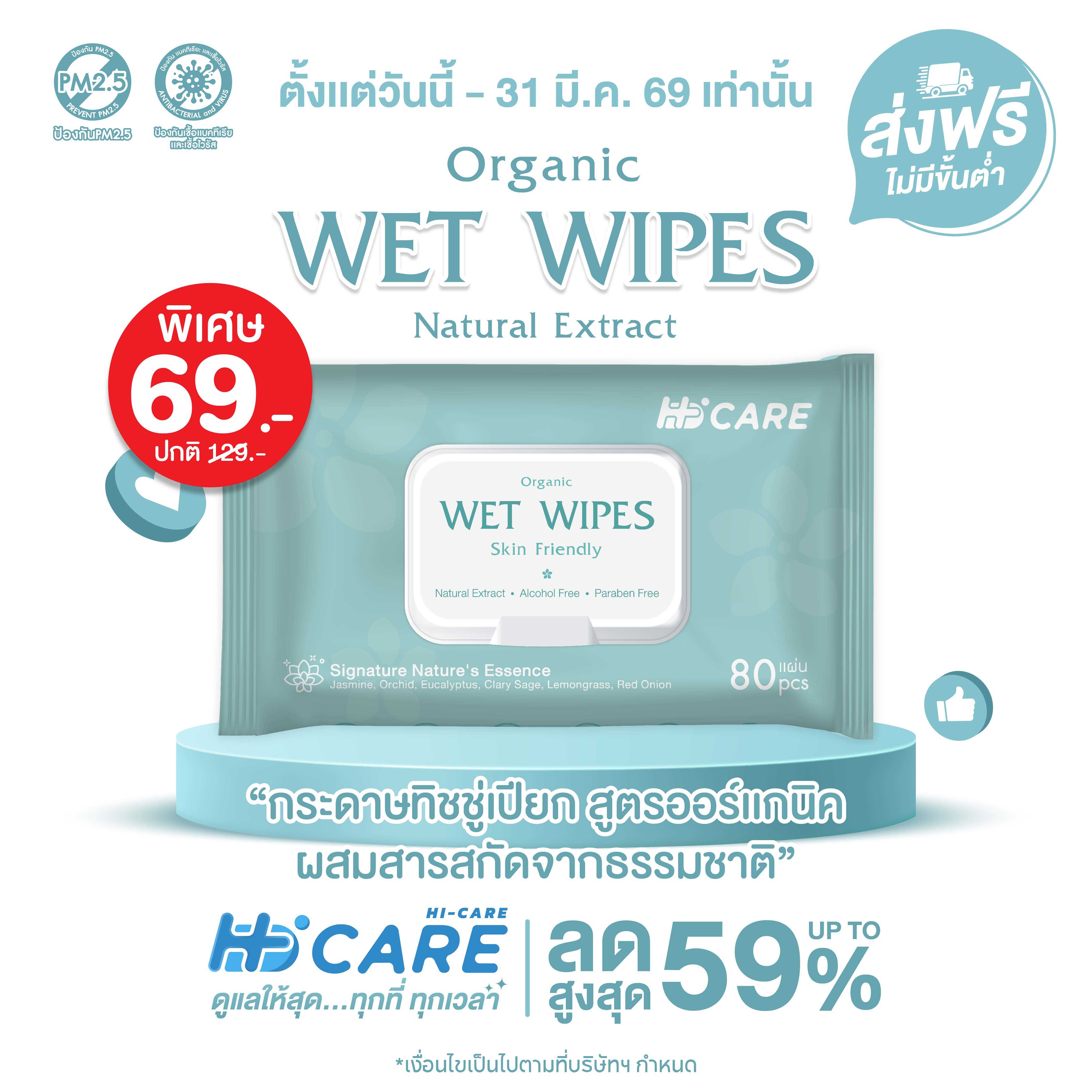 Hi-Care ทิชชู่เปียก แผ่นเช็ดทำความสะอาดผิวกาย Clean&Care ( 1 ห่อ/ 80 แผ่น)