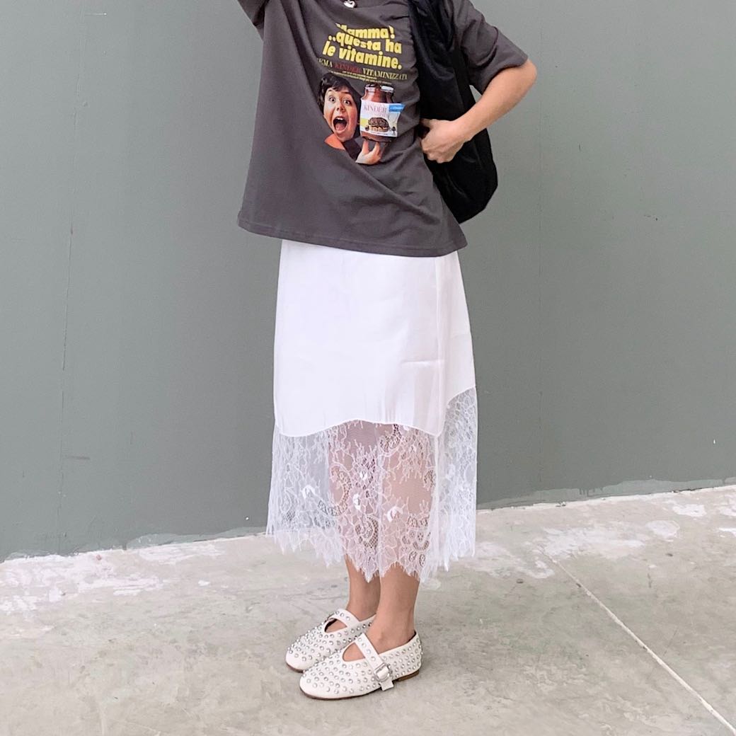 Lace trimmed satin skirt