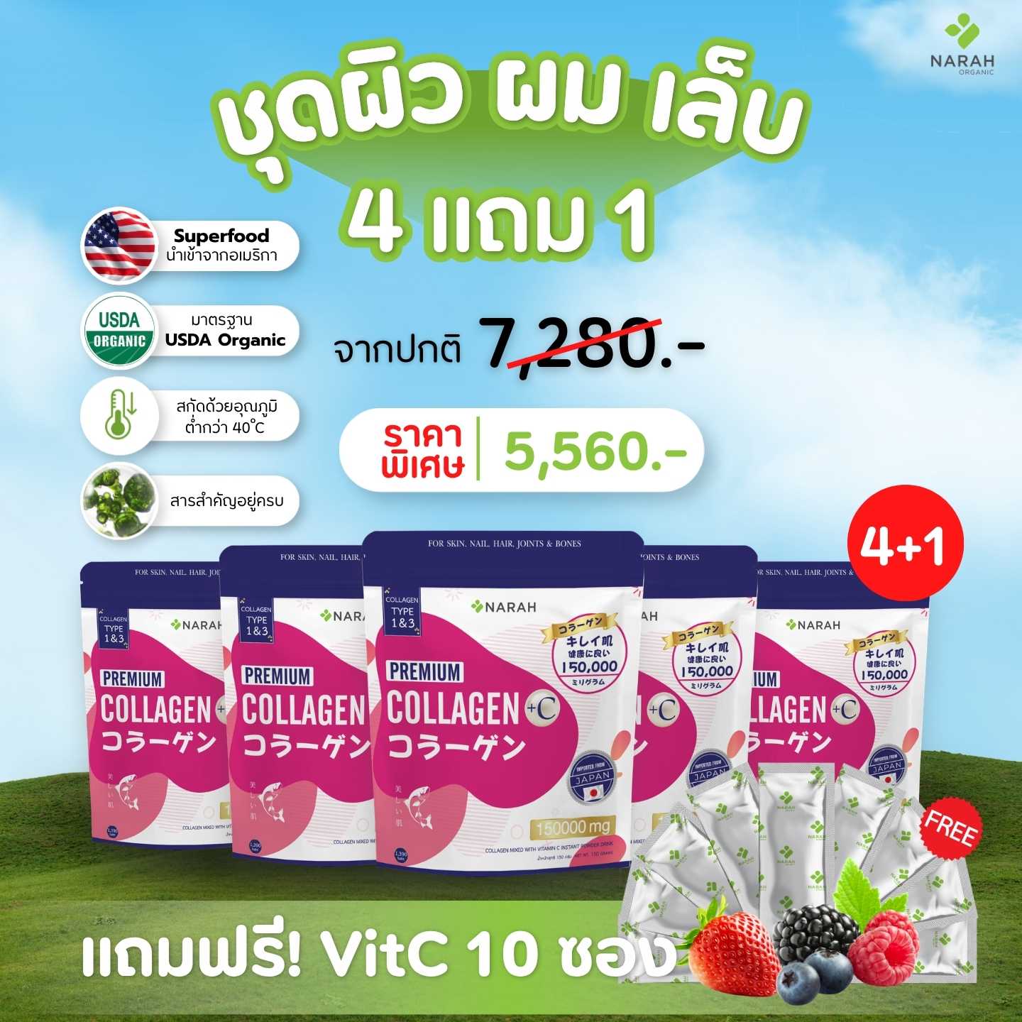 NR 201 - ชุดผิวผมเล็บ (4Free1) PREMIUM COLLAGEN ราคา 5,560 บาท พร้อมของแถม