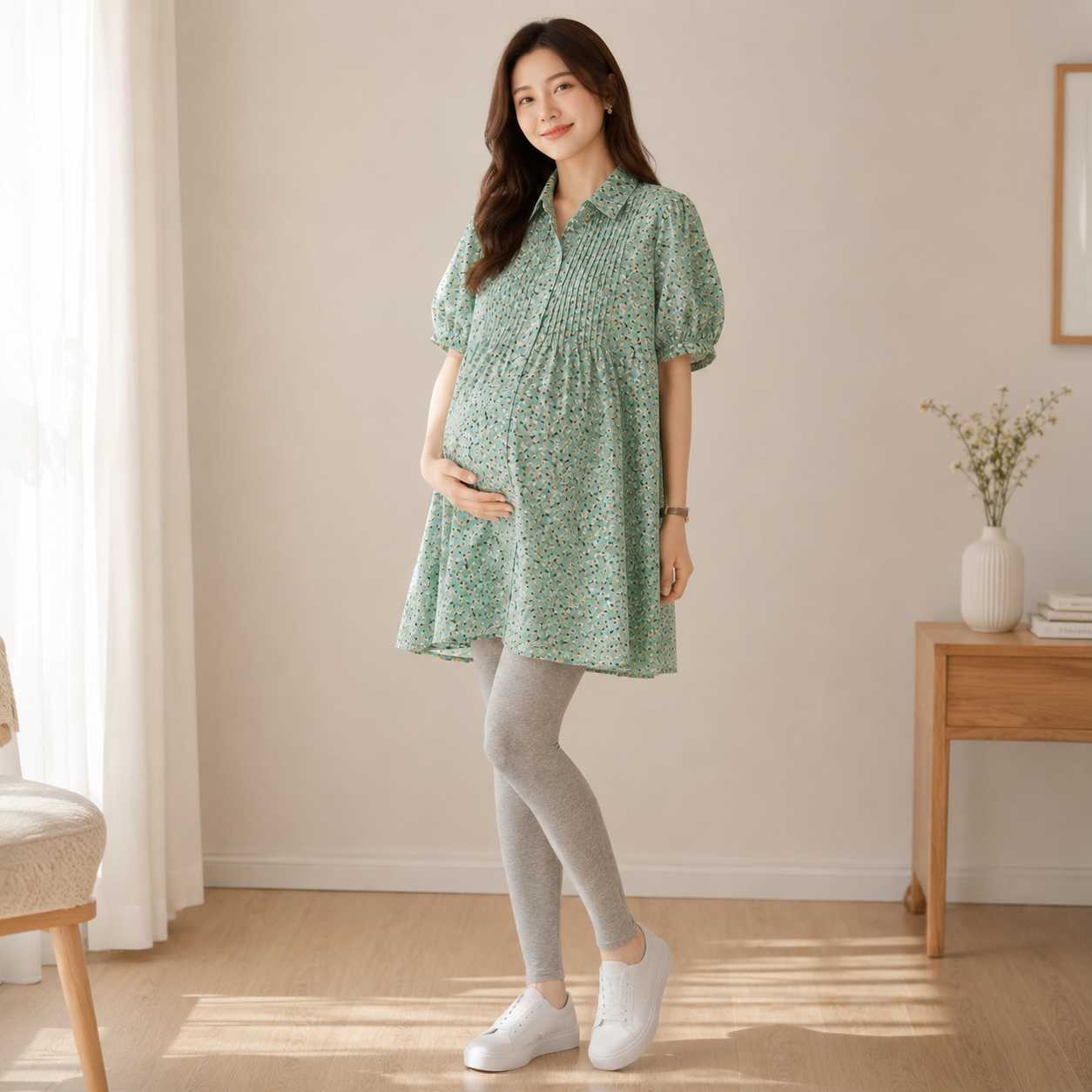 เสื้อเชิ้ตทรงoversize ลายดอกไม้น่ารักน่าใส่ ผ้าไม่บางและรีดง่ายมากๆ - สีเขียว