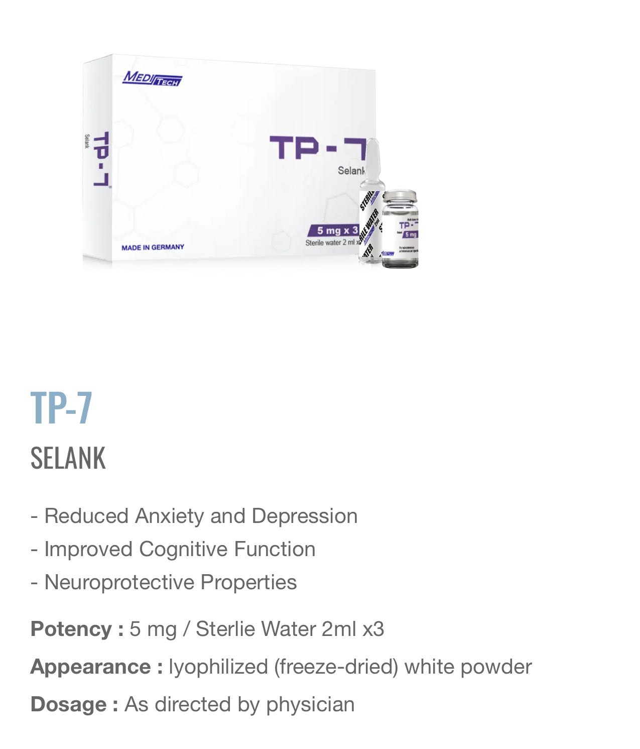 TP-7 Selank Meditech  (5 mg x 3 vials)