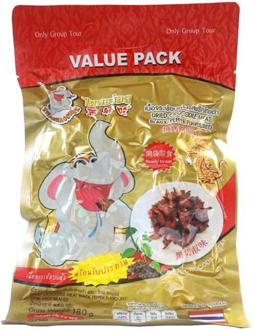 ไทยอร่อย เนื้อจระเข้อบแห้ง รสพริกไทยดำ 180 กรัม