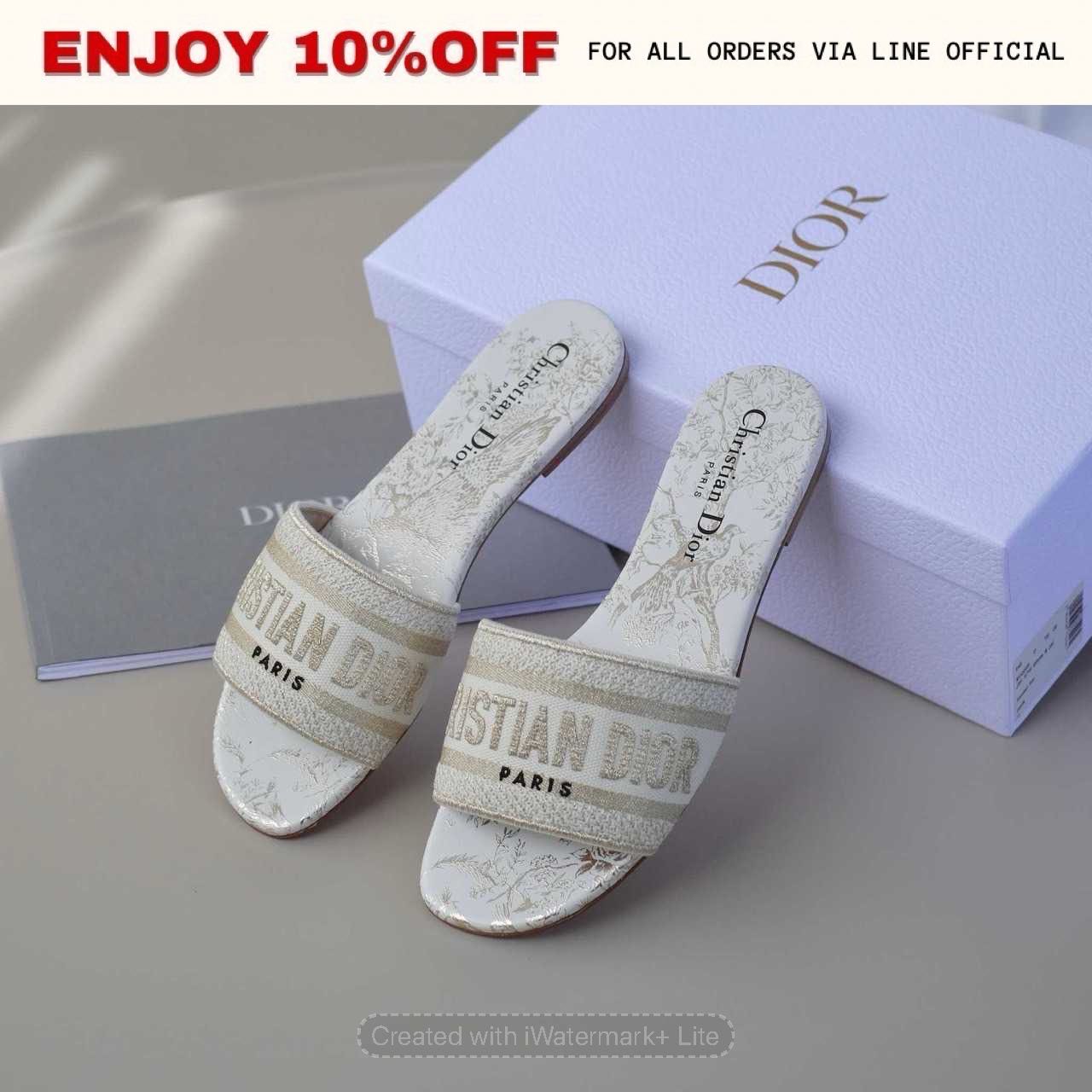 NEW! DIOR Dway Slide White And Gold-Ton Cotton | Shoes