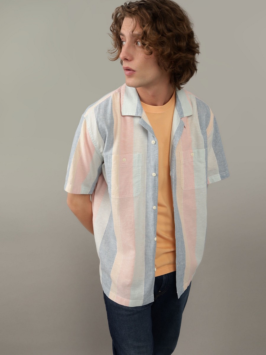 เสื้อเชิ้ต ผู้ชาย TAO STRIPE SS OVERSIZED CAMP COLLAR 2 PKT CURTIS LINEN SHIRT ( 015-6264-900 )