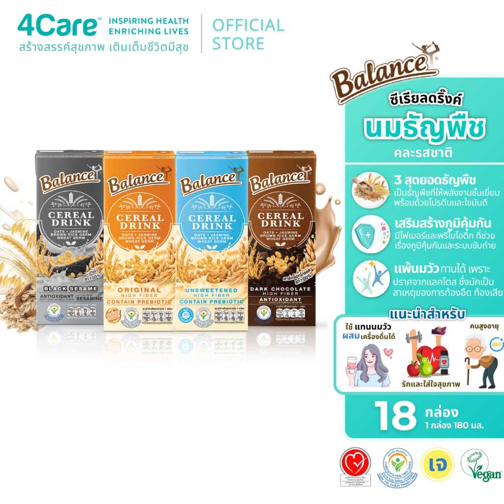 BALANCE ซีเรียลดริ๊งค์ นมธัญพืช คละรสชาติ (18กล่อง) ไฟเบอร์สูง ไม่มีนมวัว
