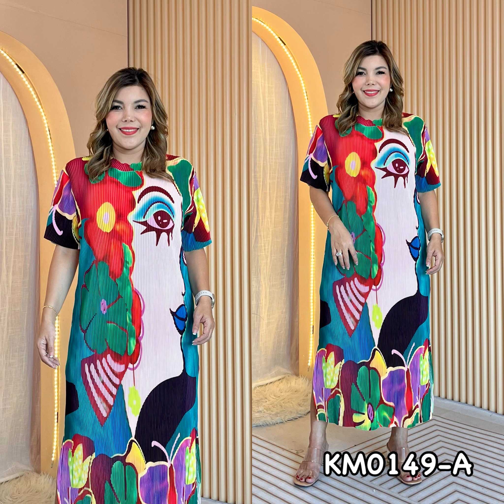 Miafashion (KM0149)​ เดรสอัดพลีทลายหน้าคน