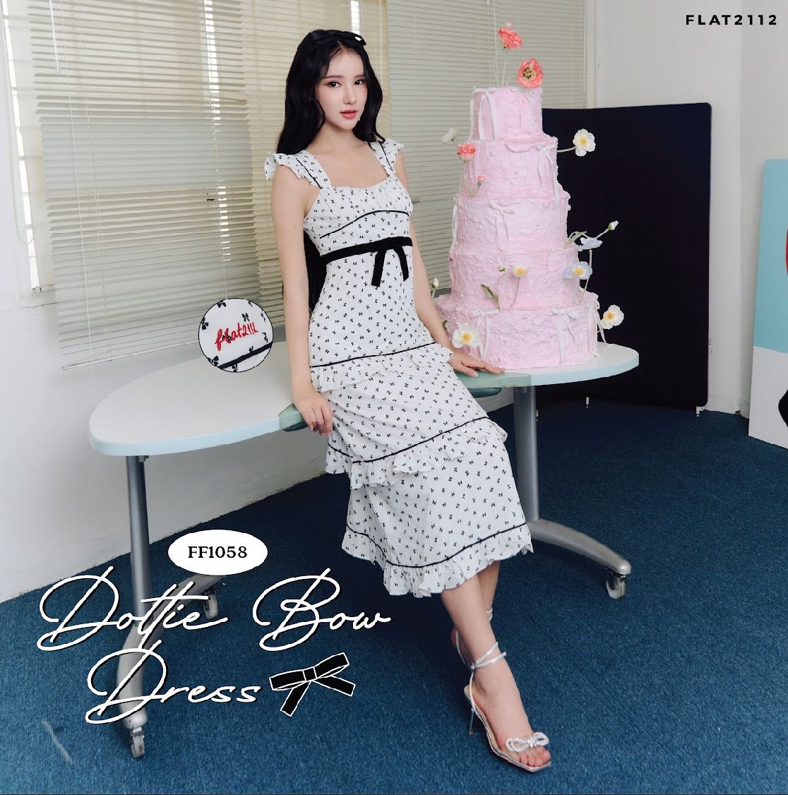 FLAT2112 FF1058 : DOTTIE BOW DRESS ชุดเดรสยาว เดรสลายโบว์ เดรสแขนกุด ชุดออกงาน แฟชั่นผู้หญิง